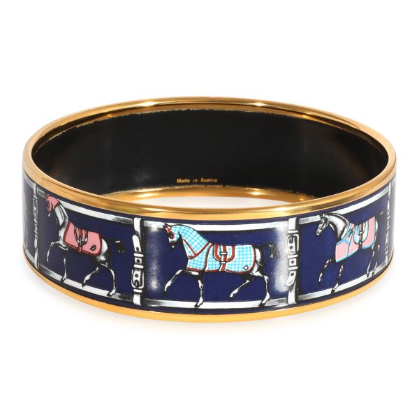 Navy Blue Gold Tone Hermes Wide Enamel Couvertures et Tenues de Jour Bangle Navy Blue