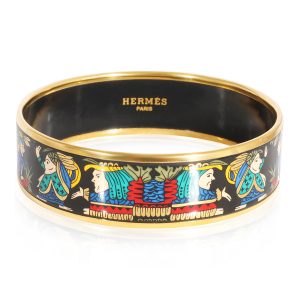 Hermès Plated Wide Enamel Black Background Bracelet with Faces 62MM Cart