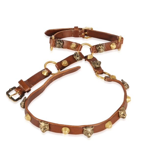 Gucci Gold Tone Tang Buckle Feline Head Palm Wrap Bracelet In Brown Leather Gucci Gold Tone Tang Buckle Feline Head Palm Wrap Bracelet In Brown Leather