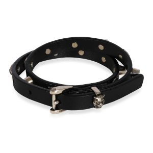 Gucci Black Leather Double Wrap Bracelet with Feline Heads Studs Cart