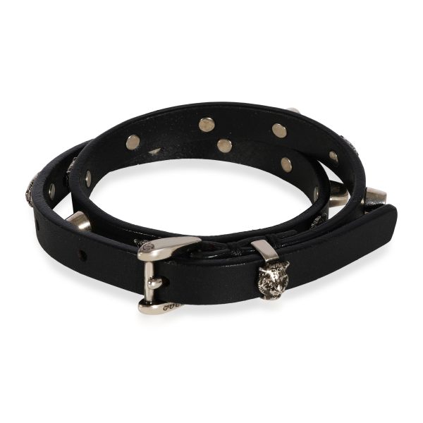 Gucci Black Leather Double Wrap Bracelet with Feline Heads Studs Gucci Black Leather Double Wrap Bracelet with Feline Heads Studs