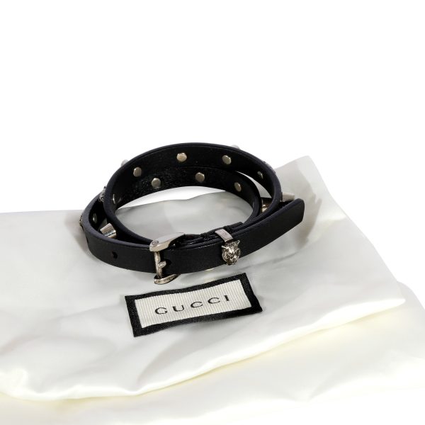 124699 pv Gucci Black Leather Double Wrap Bracelet with Feline Heads Studs