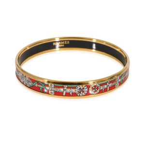 Hermès Gold Tone Red Enamel Narrow Bangle with Green Ribbons 62mm Cart