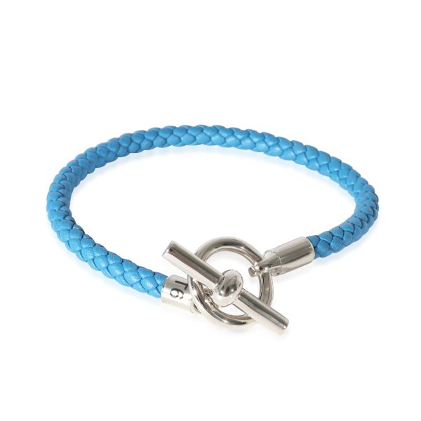 Hermes Mens Palladium Plated Glenan H Bracelet In Blue Swift Calfskin Hermes Mens Palladium Plated Glenan H Bracelet In Blue Swift Calfskin