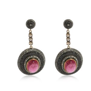 Single Cut Diamond Earrings With Pink Cabochon in 14K Yellow Gold Silver Cart