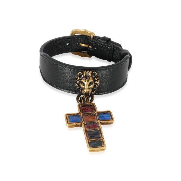 Gucci Leather Lion Head Jewel Toned Cross Gold Tone Bracelet Gucci Leather Lion Head Jewel Toned Cross Gold Tone Bracelet