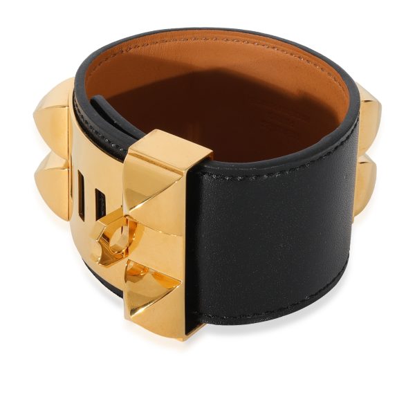 128490 sv Hermes Collier De Chien Bracelet In Black Calfskin Gold Plated