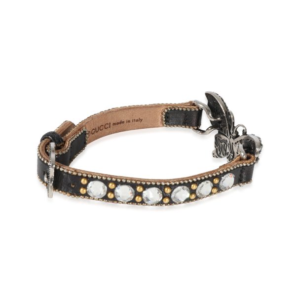 128709 av Gucci Leather Crystal Butterfly Bracelet with Buckle Closure