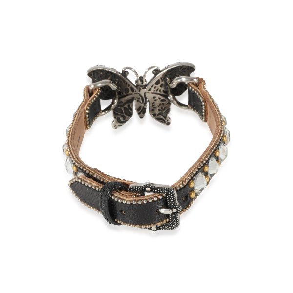 128709 bv Gucci Leather Crystal Butterfly Bracelet with Buckle Closure