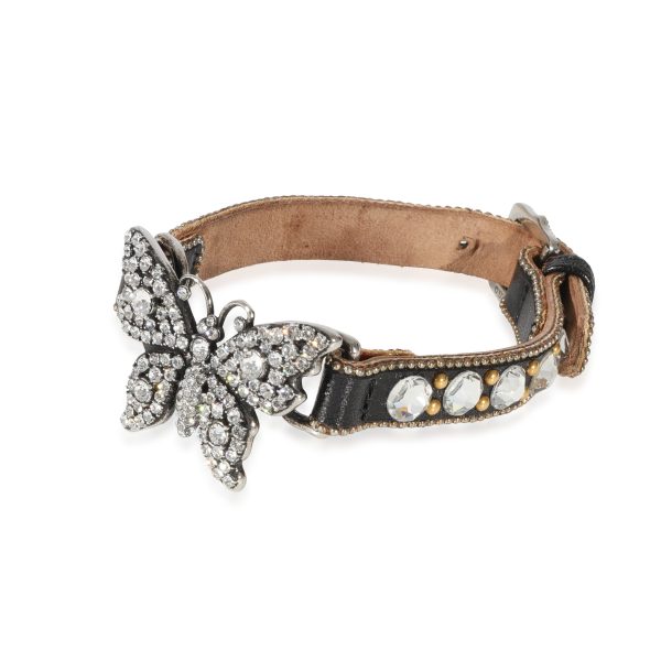 128709 sv Gucci Leather Crystal Butterfly Bracelet with Buckle Closure