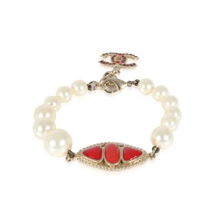 Chanel Faux Pearl Red Gripoix CC Bracelet Cart