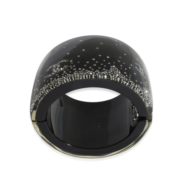 128960 av Chanel CC Strass Black Resin 2 Wide Clamper Cuff Magnetic Clasp