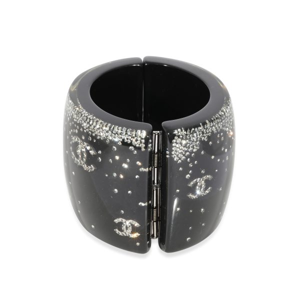 Magnetic Clasp Chanel CC Strass Black Resin 2 Wide Clamper Cuff Magnetic Clasp