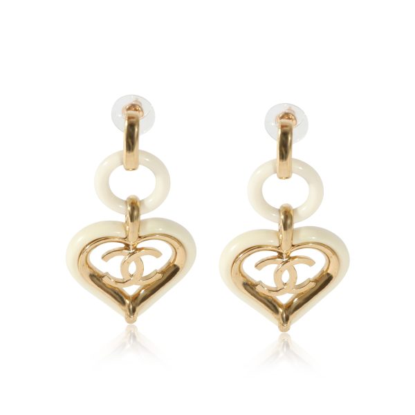 Chanel 2019 White Enamel Heart CC Drop Gold Plated Earrings Chanel 2019 White Enamel Heart CC Drop Gold Plated Earrings