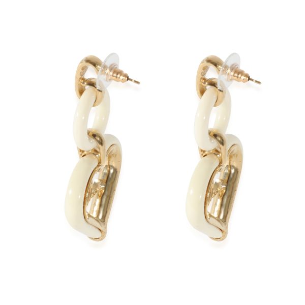 129263 sv Chanel 2019 White Enamel Heart CC Drop Gold Plated Earrings