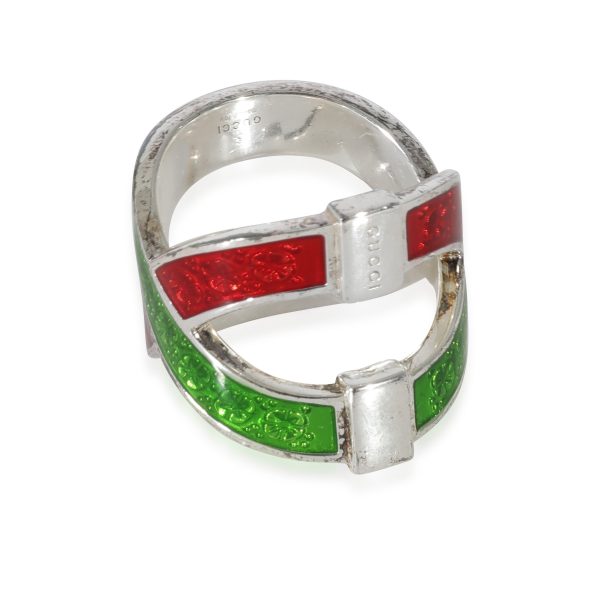 129491 av Gucci Green Red Enamel Crossover Ring in Sterling Silver