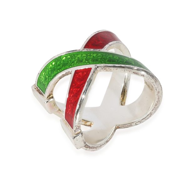 129491 pv Gucci Green Red Enamel Crossover Ring in Sterling Silver