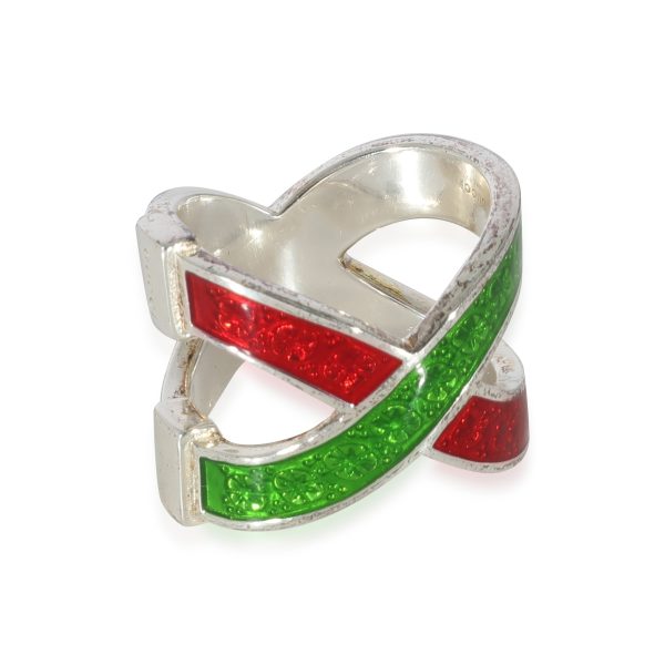 129491 sv Gucci Green Red Enamel Crossover Ring in Sterling Silver