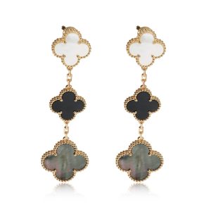 Van Cleef Arpels Alhambra Mother Of Pearl Onyx Earrings in 18k Yellow Gold Chanel Lucky Flower Leather Tri fold Wallet Pink Coral