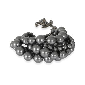 Chanel 2014 Grey Faux Pearl Multi Strand Bracelet With CC Charm in Ruthenium Chanel Cocomark Bifold Long Wallet Caviar Skin Red