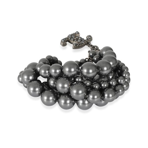 Chanel 2014 Grey Faux Pearl Multi Strand Bracelet With CC Charm in Ruthenium Chanel 2014 Grey Faux Pearl Multi Strand Bracelet With CC Charm in Ruthenium