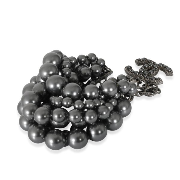 132705 sv 7618330f a0d8 4575 b14c 49ce8b77c365 Chanel 2014 Grey Faux Pearl Multi Strand Bracelet With CC Charm in Ruthenium