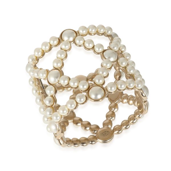 132706 bv 0cc39ab4 a6b9 452b 99d3 d1d0baa79b63 Chanel 2015 Gold Plated Faux Pearl Wide Bangle Bracelet