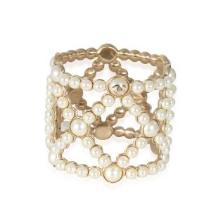 Chanel 2015 Gold Plated Faux Pearl Wide Bangle Bracelet Louis Vuitton Monogram Multicolor Trouville Handbag Bag White