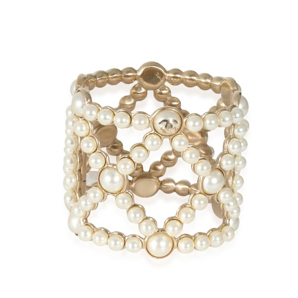 Chanel 2015 Gold Plated Faux Pearl Wide Bangle Bracelet Chanel 2015 Gold Plated Faux Pearl Wide Bangle Bracelet