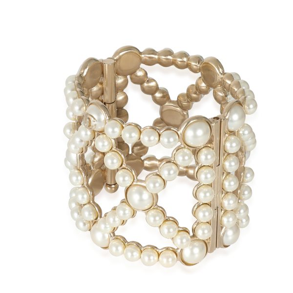 132706 sv f3326290 3e43 4fa4 8164 b12ff984c518 Chanel 2015 Gold Plated Faux Pearl Wide Bangle Bracelet