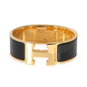 Hermès Clic Clac Gold Plated Bracelet in Noir Diamond Stud Earrings in 18K White Gold 090 CTW