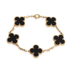 Van Cleef Arpels Vintage Alhambra Onyx 5 Motifs Bracelet in 18K Yellow Gold Gucci Abby GG Tote Bag Brown