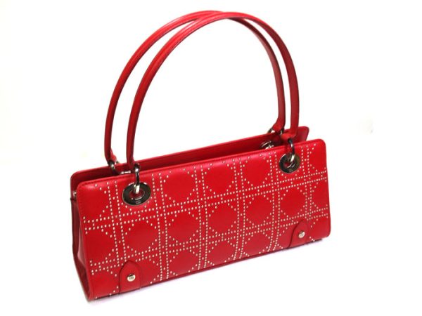 2 Christian Dior Cannage Studded Shoulder Bag Handbag Leather Red