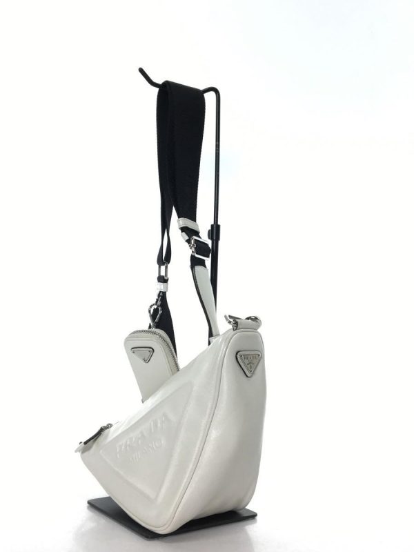 2 Prada Embossed Logo Triangle Leather Shoulder Bag White