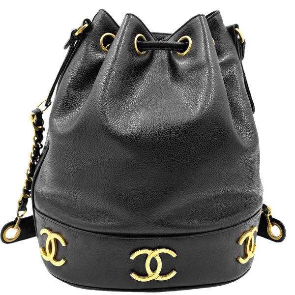 2 Chanel Shoulder Bag Drawstring Bag Coco Mark Vintage Bag Leather Black