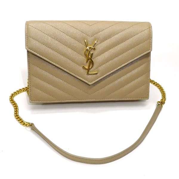 2000015258600004 1 Saint Laurent Chain Wallet Chevron Quilted Leather Beige Shoulder Bag