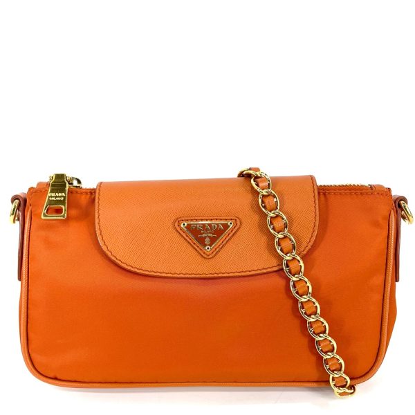 2000037246901518 13 Prada Shoulder Bag Triangle Logo Chain Pouch Crossbody Small Nylon Leather Orange