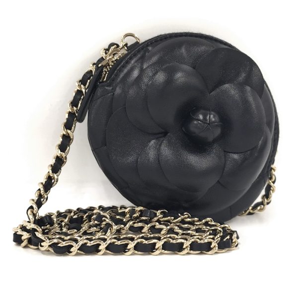 2000114257800212 1 Chanel Camellia Chain Shoulder Bag Lambskin Leather Black