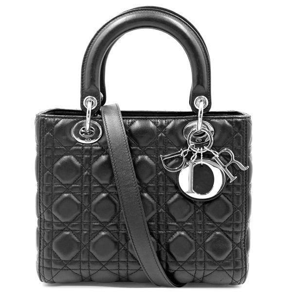 2000307246900568 12 Christian Dior 2way Lady Dior Handbag Shoulder Lambskin Black Silver Hardware