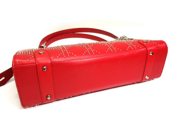 3 Christian Dior Cannage Studded Shoulder Bag Handbag Leather Red