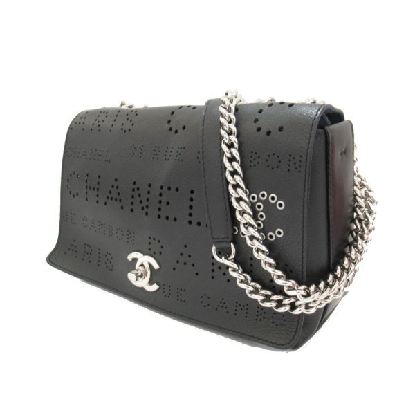 3 Chanel Chain Shoulder Bag Leather Black