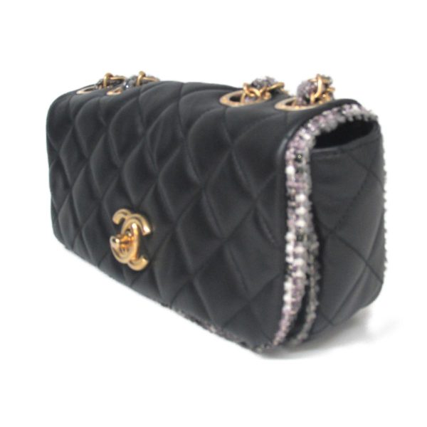 3 Chanel Chain Shoulder Bag Lambskin Black