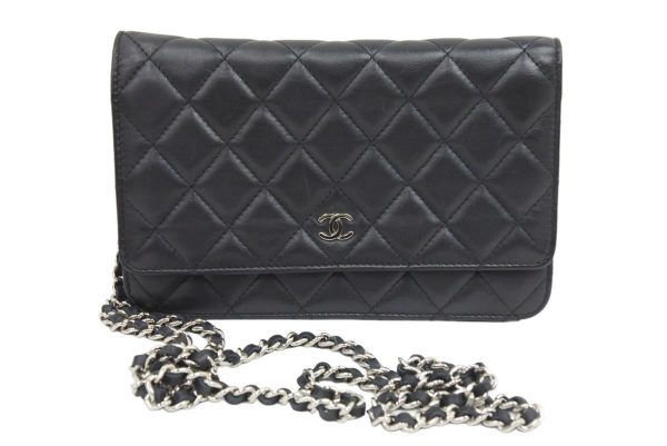 42447 2 Chanel Chain Wallet Shoulder Bag Black Lambskin Silver Hardware