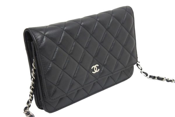 42447 4 Chanel Chain Wallet Shoulder Bag Black Lambskin Silver Hardware