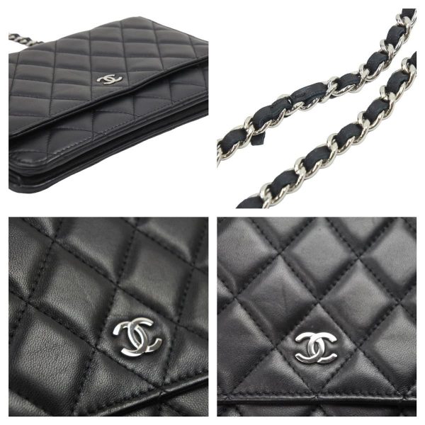 42447 5 Chanel Chain Wallet Shoulder Bag Black Lambskin Silver Hardware