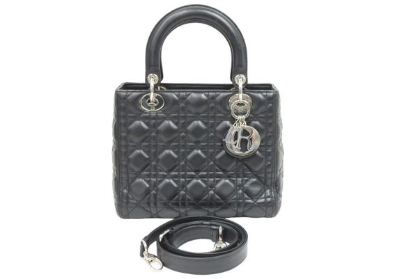 43714 1 Christian Dior Lady Dior Medium 2way Handbag Black Lambskin