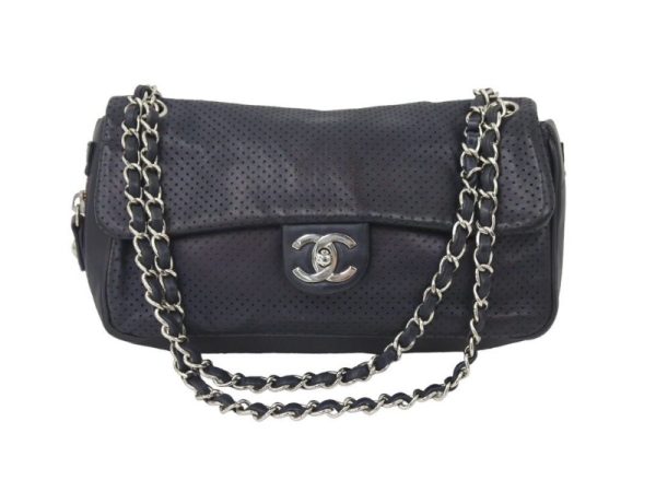 45915 1 Chanel Punching Chain Shoulder Bag Coco Mark Lamb Leather Navy Silver Hardware