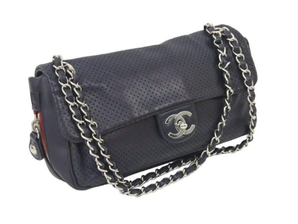 45915 3 Chanel Punching Chain Shoulder Bag Coco Mark Lamb Leather Navy Silver Hardware