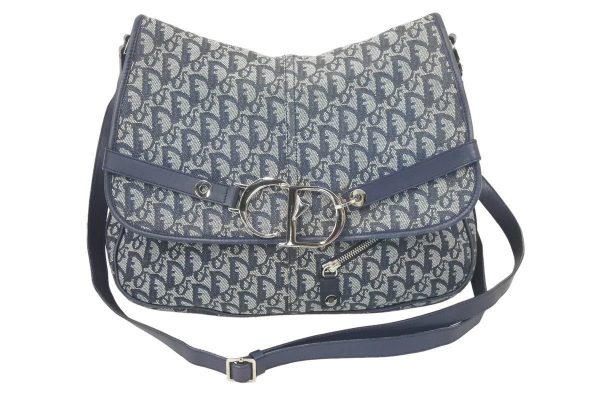 47306 1 Christian Dior Shoulder Bag Trotter Pattern CD Logo Canvas Navy Silver Hardware