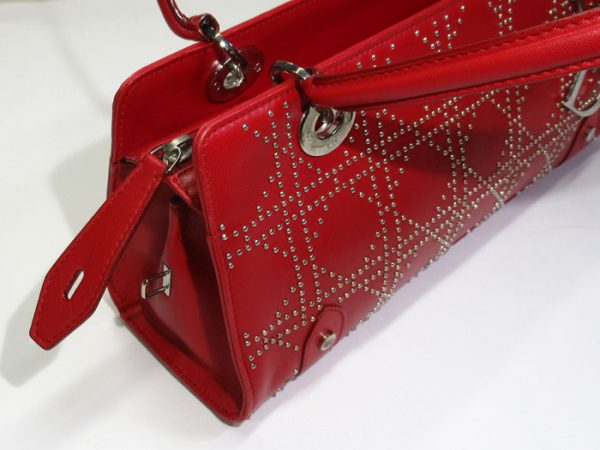 5 Christian Dior Cannage Studded Shoulder Bag Handbag Leather Red